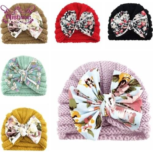 Nishine Fashion Print Big Bowknot Baby Hat Soft Comfortable Knitting Wool Striped Cap Newborn Headwear Birthday Gift Photo Props
