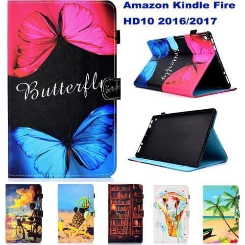 Fashion Cartoon Pattern Tablet PC Wallet Card Slot Case for Amazon Kindle Fire HD10 HD 10 2015/2017 Case Stand Flip Cover coque