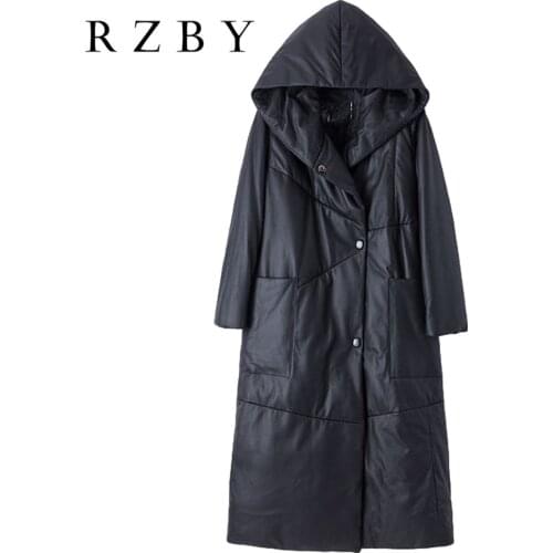 New Winter 2021 Real Sheep Leather Down Jacket Ladies Mid-length Hooded Leather Chaqueta de plumas Coat Slim Fit RZBY183
