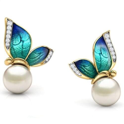 Luxury Gold Butterfly Stud Earrings for 2021 Imitation Pearl Zircon Wedding Earrings for Women Party Gift for Girlfriend