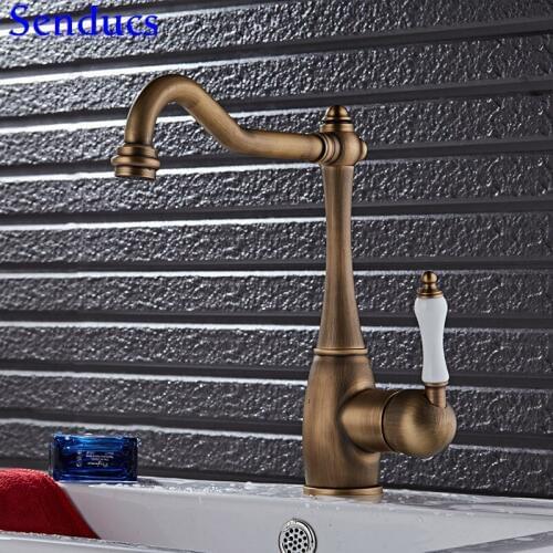 Senducs Antique Kitchen Sink Faucet Contemporary Hot Cold Antique Kitchen Mixer Tap Quality Brass Ktichen Water Mixer Tap