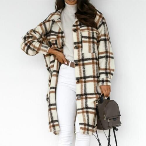 Warm Plaid Long Coat Oversize Thick Woolen Blends Vintage Jacket Brown Women Winter Checked Jacket Overcoat 2021 New Streetwear