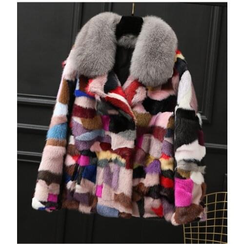Genuine real natural mink fur coat with fox fur collar womens fashion English collar multi-color warm jacket made any size