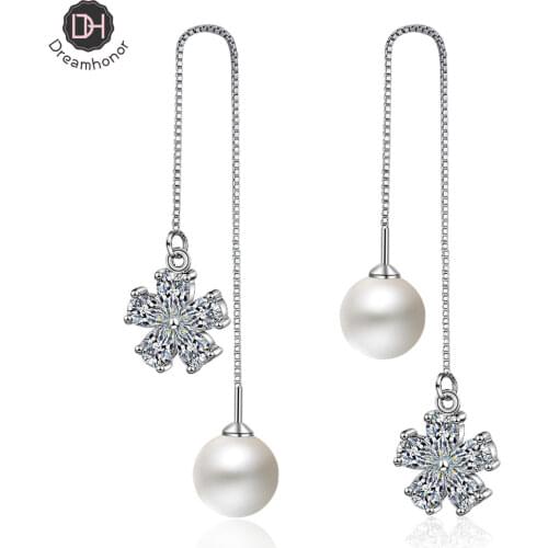Dreamhonor 2021 Trend Jewelry Fashion Imitation Pearl Dangle Earrings for Women 925 Sterling Silver Long Drop Earring Jewelry