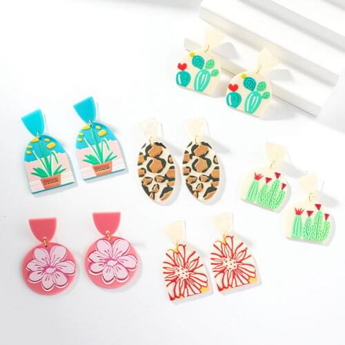 Fresh 3D Flower Cactus Leopard Print Acrylic Plant Earrings for Women Geometric Minimalism Jewelry Wholesale