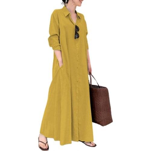 Long Dress Women Plus Size Pockets Single-breasted Shirt Sundress Solid Color Long Sleeve Lapel Large Hem Maxi Dresses Party
