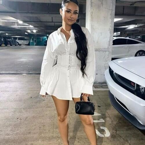 2021 New Lolita High Street Blouse Dress Long Shirt Pure Color Lapel Mini Dress Office Ladies Autumn Limited Waist Pleated Dress