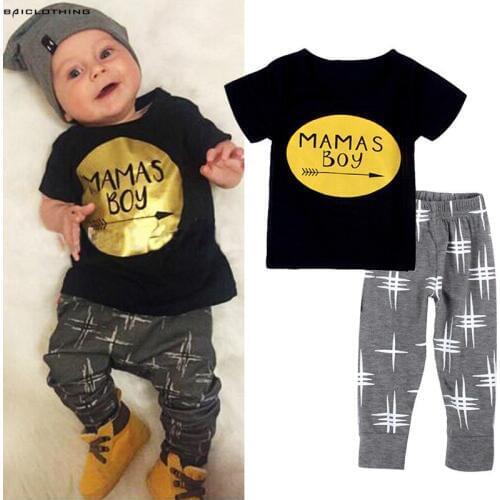 2017 Summer Style Infant Clothes Baby Clothing Sets Boys Cotton Gold Color Letter Print Short Sleeve 2pcs Baby Boy Clothes