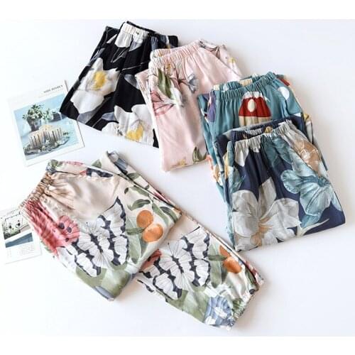 2021 Spring 100% Viscose Home Pants For Women Cotton Satin Printed Homewear Summer Thin Beach Trousers Female Loose Pajama Pants
