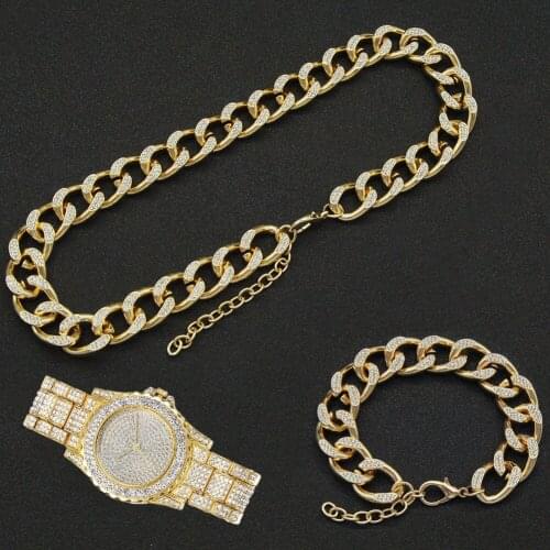 Hip Hop 16MM 3pcs Kit Full Iced Out Paved Rhinestone Choker Miami Adjustable Cuban Necklace+Watch+Bracelet For Men Women Jewelry