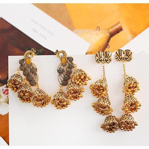 Antique Peacock Indian Womens Tassel Jhumka Earrings Ethnic Gypsy Gold Color Bell Drop Earring Fashion Jewelry