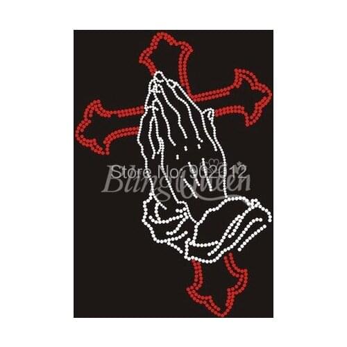 BlingQueen 25PCS/LOT Iron On Rhinestuds Transfers Cross Pray Design