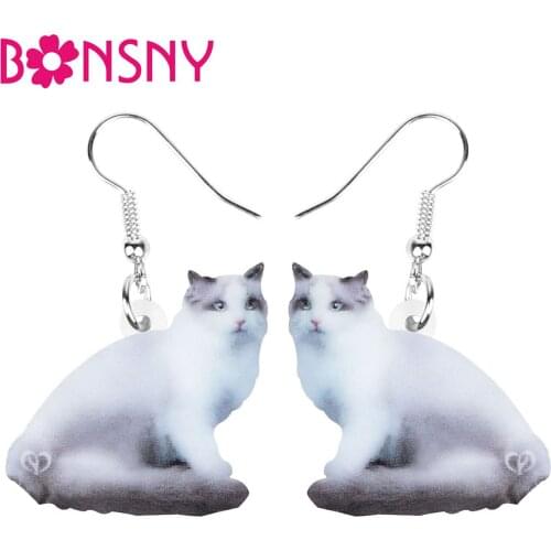 Bonsny Acrylic White Ragdoll Cat Earrings Lovely Kitten Pet Animal Dangle Drop Jewelry For Women Kids Birthday Gift Accessories