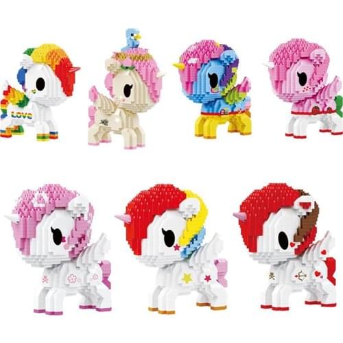 Girl Toy Mini Building Blocks Cartoon Doll Unicorn 3D Model Animal Rainbow Pony DIY Assembling Diamond Brick Childrens Toy Gift