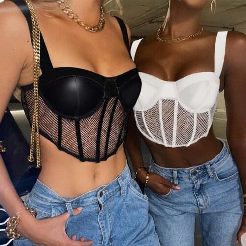 Imcute 2021 Sexy Women Tube Tops Cropped Bustiers Corsets Clubwear Mesh See Through Patchwork Push Up Strap Tank Vest Camis