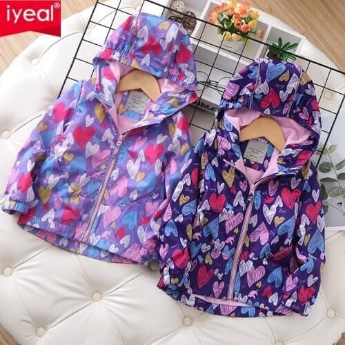 IYEAL Girls Outdoor Jackets Fleece Lined Light Windproof Jacket with Hood LOVE Pattern Kids Windbreaker Children Outerwear 2-10T