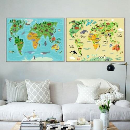 Map of the World Petty Animal Canvas Painting Art Printing Oil Poster Photo Wall Picture for Kid Living Room Decoration Cuadros