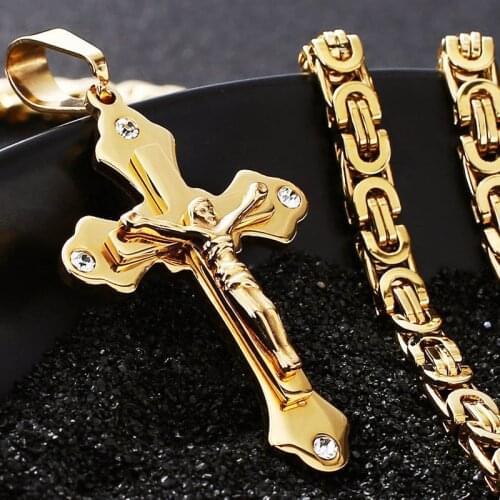 Crucifix Pendent Necklaces Stainless Steel Necklace Jesus Catholic Religious Neckless Men Gold Chain Sturdy Byzantine Chains