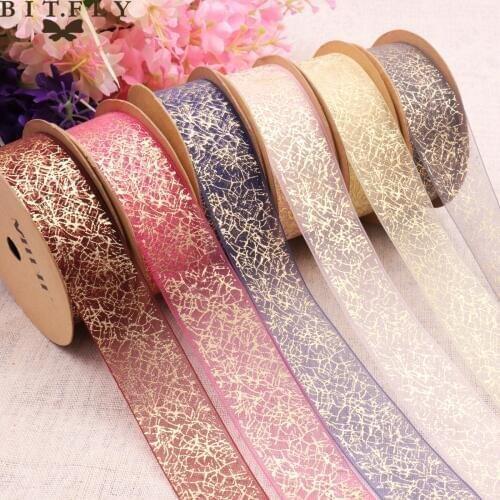 BIT.FLY 25mm 5Yard Gold Foil Snow Yarn Ribbon Handmade DIY Gift Organza Ribbon Girls Favor Hairbows Wedding Party Decoration