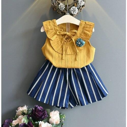 Summer Girls' Clothing Sets Lace Collar Flower Vest Top+ Striped Casual Shorts 2Pcs Baby Kids Clothes Suit Children Clothing