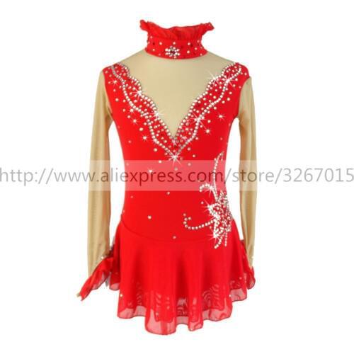 Figure Skating Dress Womens Girls' Ice Skating Dress Roller skating Red long sleeve Standing collar Shiny rhinestone
