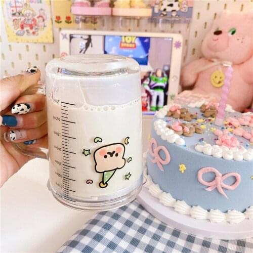 450ML Lovely Glass Straw Cup with Scale Transparent Graffiti Style Large Capacity Drinking Juice Bottle Graduated Drinkware