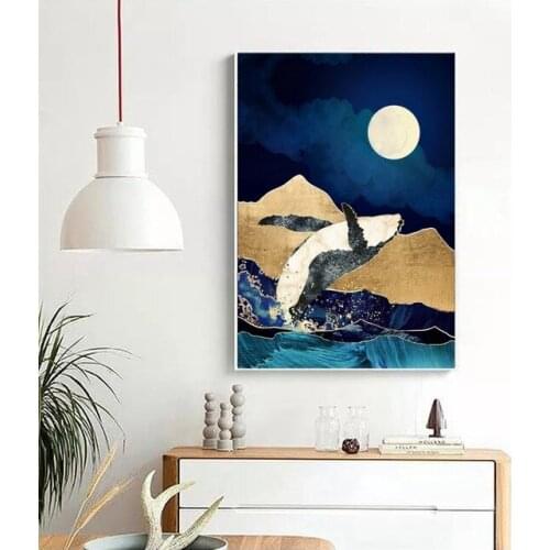 Moonlit Whales Mountain Sea Sun HD Print Painting Home Decor Canvas Poster Modular Pictures Modern Living Room No Frame Wall Art