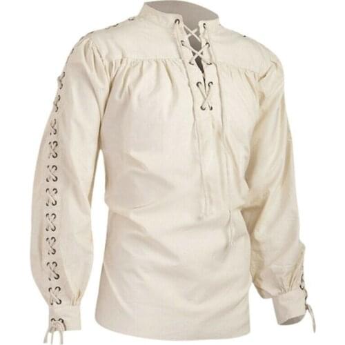 2021 Hot Mens Summer Bandage Renaissance Pirate Hippie Black Shirt Medieval Costume Hot