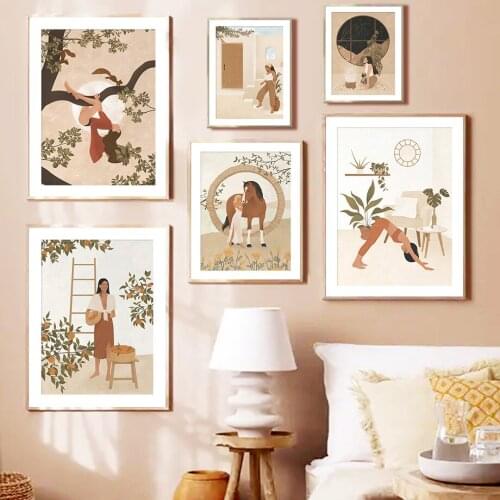 Boho Beige Home Woman Yoga Horse Forest Wall Art Canvas Painting Nordic Posters And Prints Wall Pictures For Living Room Decor