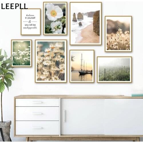 Wall Art Canvas With Sunflower Leaf, Sailboat, Sea Meadow, Painting, Nordic Posters And Prints, Wall Pictures For Living Room De