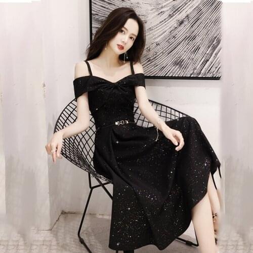 Special Occasion Dress Vintage V-Neck Short Luxury Black Sashes Pleat Sequined Spaghetti Strap A-Line Satin Women Prom Gown E956