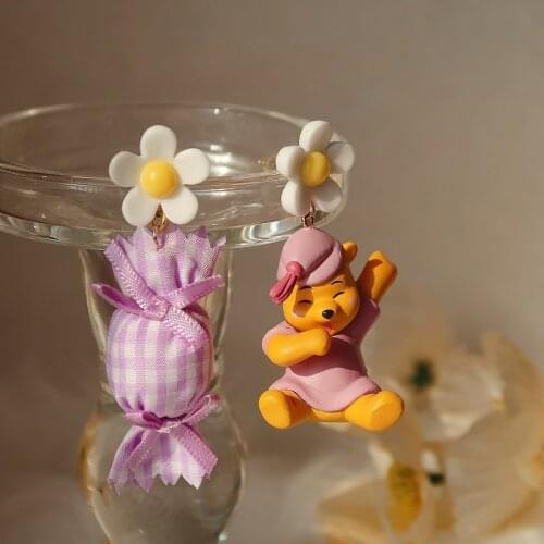 Disney Winnie The Pooh 925 Silver Resin Purple Cute Mori Girls Cosplay Earrings Anime Teenie Weenie Asymmetric Ear Decoration