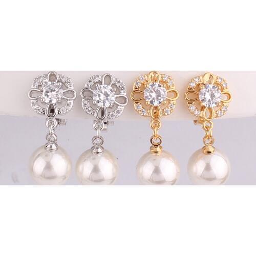 Grace Jun AAA CZ Pearl Flower Shape Clip on Earrings Without Piercing for Women Bride Wedding Gorgeous Cushion Earrings Jewelry