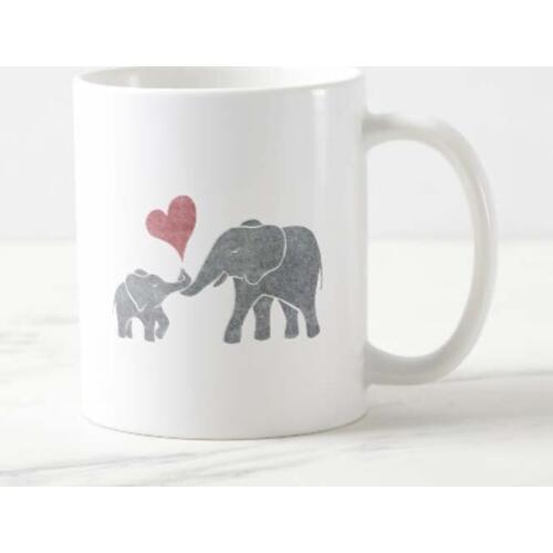 Funny Coffee Mug Elephant Hugs Gray Mom and Baby with Red Heart Tea Cup Christmas Gifts for Friends and Families White