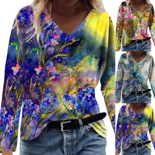 Women Long Sleeves V-Neck T-shirt Retro Color Plants Flowers Printed Casual Tee Shirts Tops Blouse Daily All-match Girls T-shirt
