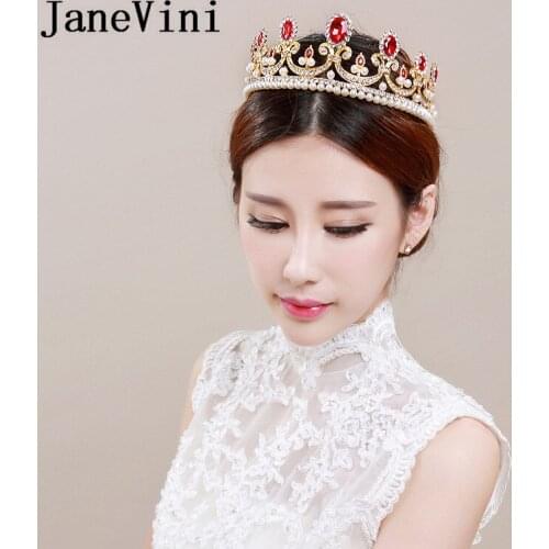 JaneVini Red Crystal Bridal Headband Metal Princess Crown Tiara Pearl Bride Jewelry Headpiece Women Party Gold Hair Accessories