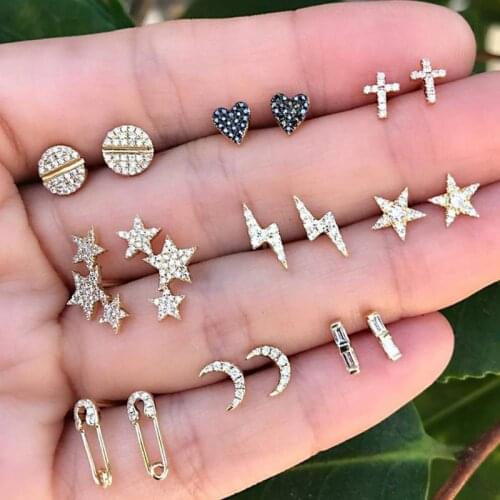 Women Retro Temperament Engraved Bohemian Moon Star Crystal Stud Gemstones 9 Pairs Of Earrings