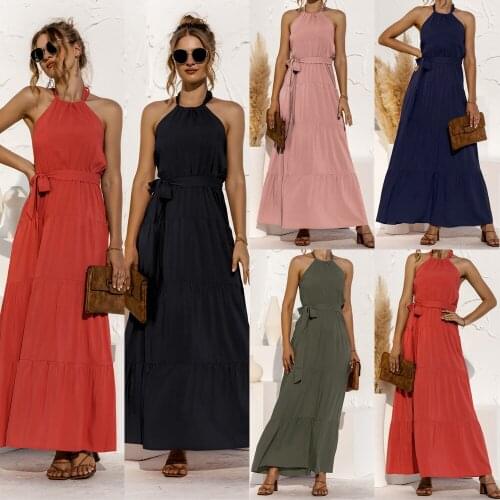 Womens Halter Backless Lace Up Patchwork Solid Long Dress 2021 Summer Sexy Off Shoulder Sleeveless Sashes Ruffle Maxi Vestidos