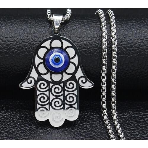 2021 Blue Eyes Hamasa Hand Stainless Steel Statement Necklace Women Silver Color Big Necklace Jewelry collares mujer N19753