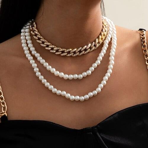 3 piece set of complex pearl necklace for womens necklace choker gothic cuban necklace golden rhinestone necklace jewelry