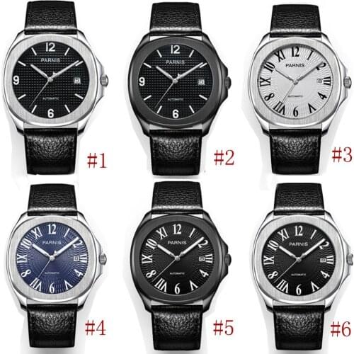 6 Models PARNIS 40mm Sapphire Glass Auto Date With Leather Strap Roman Numbers Self Winding Mens Watch