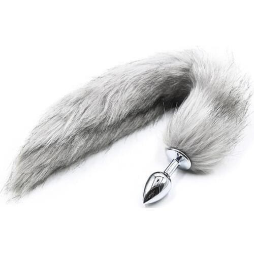 Flirting Feather Tail Light Gray Artificial Hair Small Metal Anal Plug Couples Butt Plug Tail