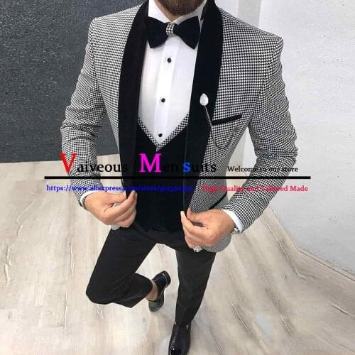 Popular White Houndstooth Suits Checkered Tuxedos Blazer Prom Formal Suit Slim Fit Wedding Groom 3 Piece Jacket With Black Pants