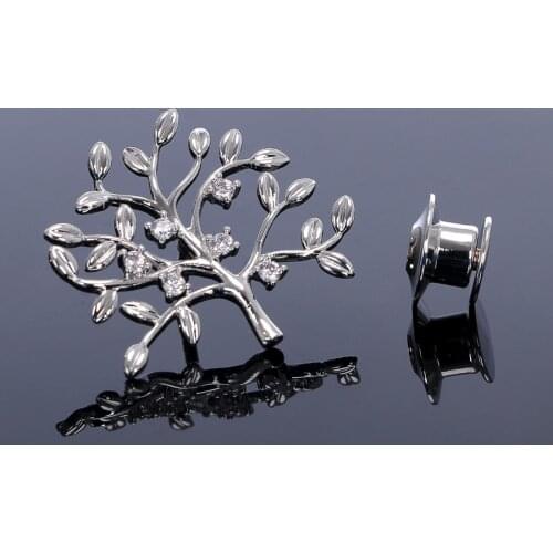 Lucky CZ Crystals Tree Collar Pin Brooch Fashion Corsage Shirt Ornament Jewelry Accessories with Spring Closure