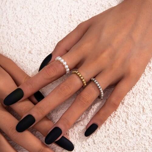 IngeSight.Z 3Pcs/Set Imitation Pearl Knuckle Finger Rings for Women Lover Couple Beaded Chain Rings Friendship Wedding Jewelry