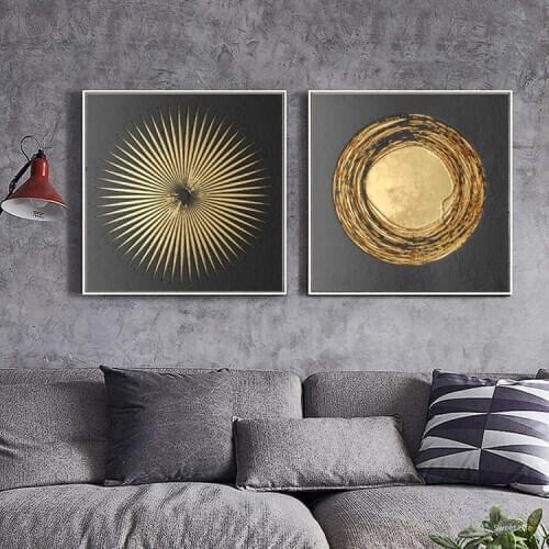 Fashion Square Burst Circle Canvas Painting Abstract Black And Gold Poster Print Luxurious Wall Art Picture For Living Room Room