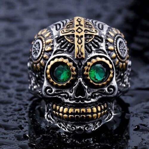 Gothic Golden Carving Kapala Skull Ring Men Women Stainless Steel Biker Rings Punk Rock Hip Hop Fahsion Jewelry Wholesale