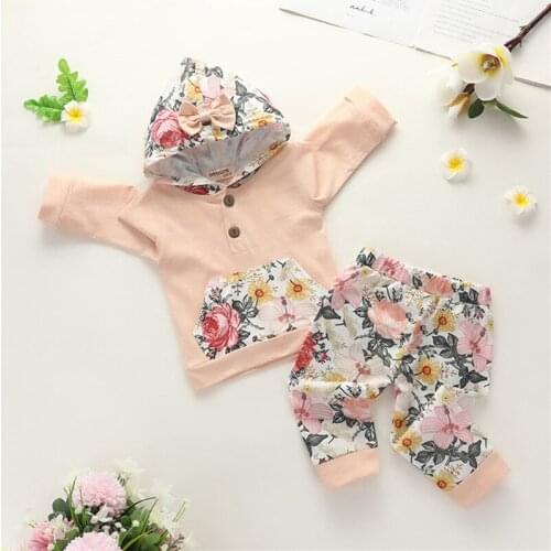 0-24m Baby Girls Two-Piece Clothes Set Apricot Floral Printed Pattern Hooded Pullover Pants Sets Infant Girls Spring Fall Set
