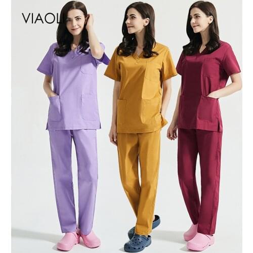 Women Short Sleeve Beauty Uniform V-neck Scrubs Tops+Pants Spa Uniform Health Workers Working Uniform Set Scrub Suit Scrubs Set