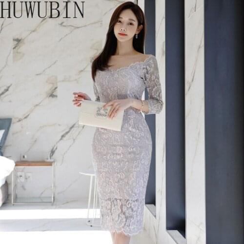 2021 Summer New Korean Sexy Temperament Stitching Lace Round Neck Three Quarter Medium Length Skirt Hip Wrapped Fashion Dress